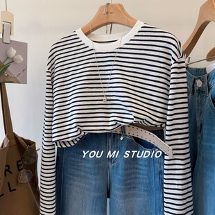 oni松弛感 条纹T恤女 后背字母刺绣糯叽叽舒适透气圆领套头长袖