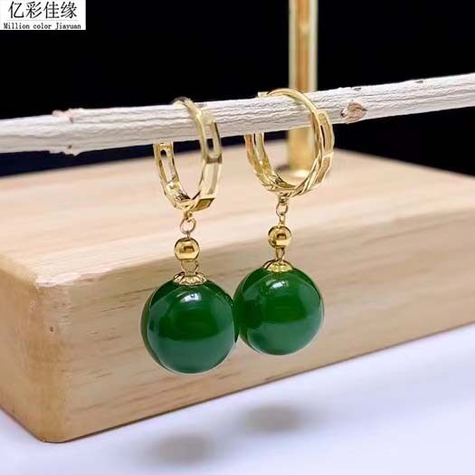 18Ｋ黄金耳扣玫瑰金耳环　天然和田玉碧玉耳坠女老料菠菜绿证书　