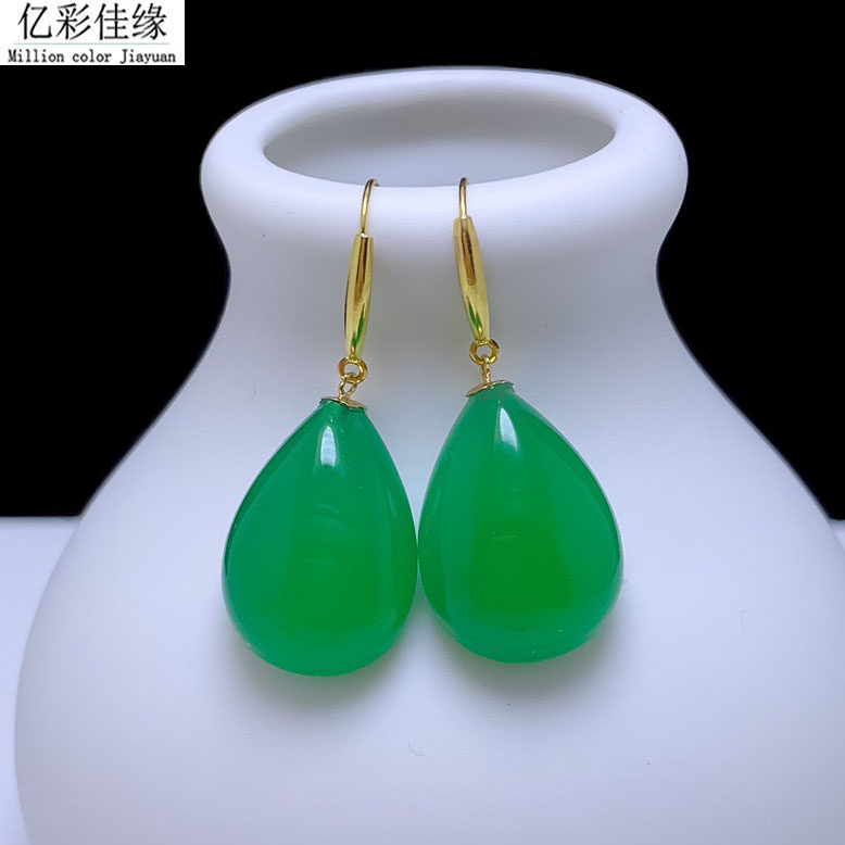 18K黄金玫瑰金耳饰 天然绿玉髓耳环 女民族风水滴耳钉耳坠 带证书