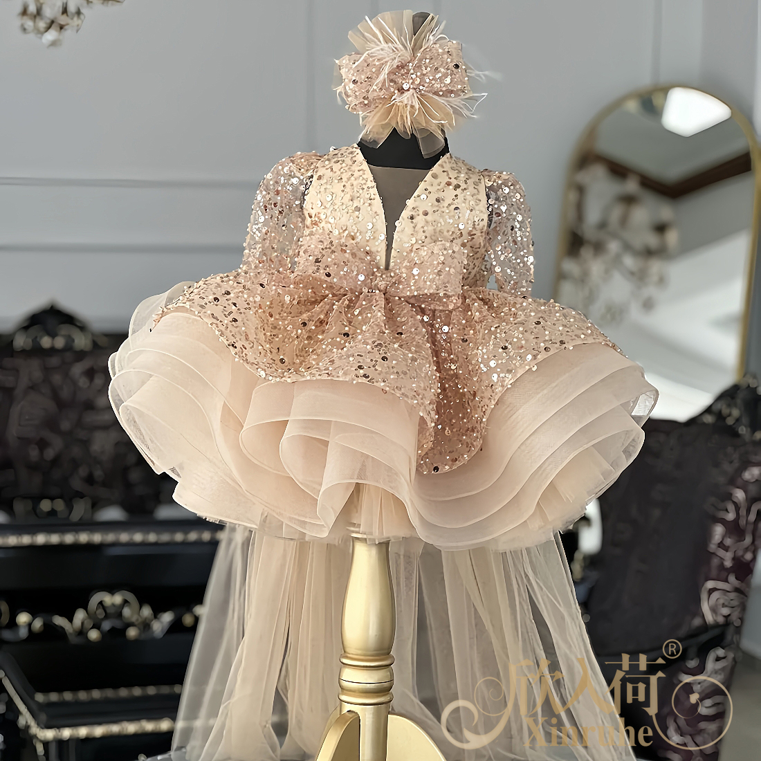 欣入荷女童香槟色短款礼服公主裙蓬蓬裙主持舞台演出走秀钢琴演奏