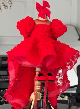 欣入荷红色女童短款拖尾礼服公主裙高定轻奢钢琴演奏走秀演出主持