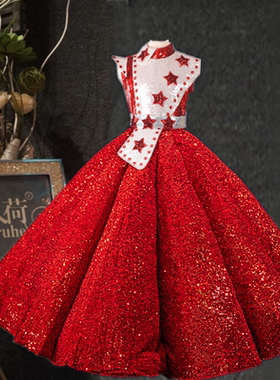 女童儿童礼服红色主持独唱红歌演出走秀高定高端亮片星星新款