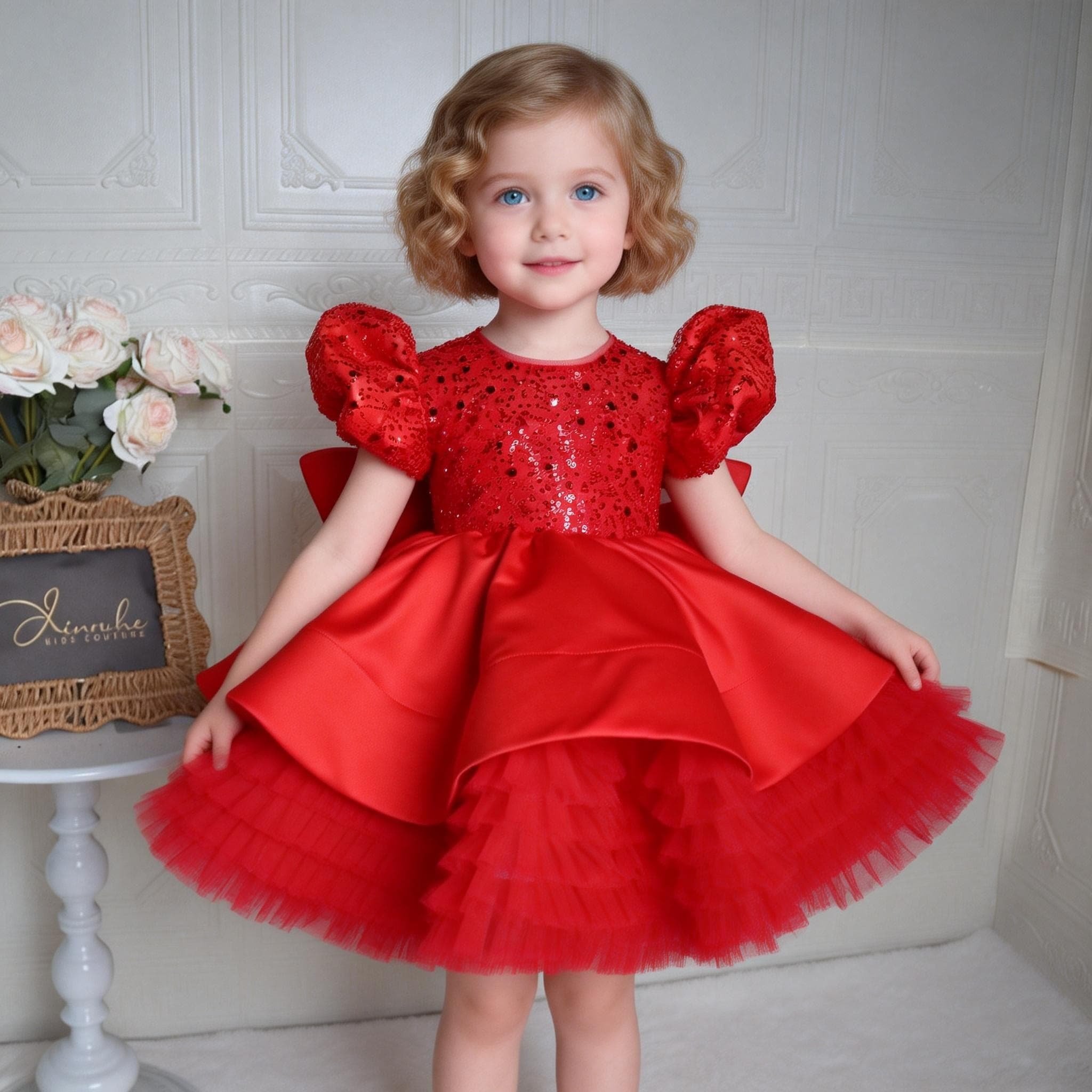 欣入荷粉色泡泡袖公主裙女童亮片网纱拼接花童礼服蓬蓬裙连衣裙潮