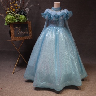 欣入荷蓝色女童礼服儿童生日蓬蓬裙公主裙花童婚纱钢琴演出主持服