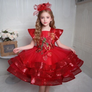 欣入荷红色亮片花朵刺绣公主裙女童蓬蓬裙礼服歌唱主持舞台演出服