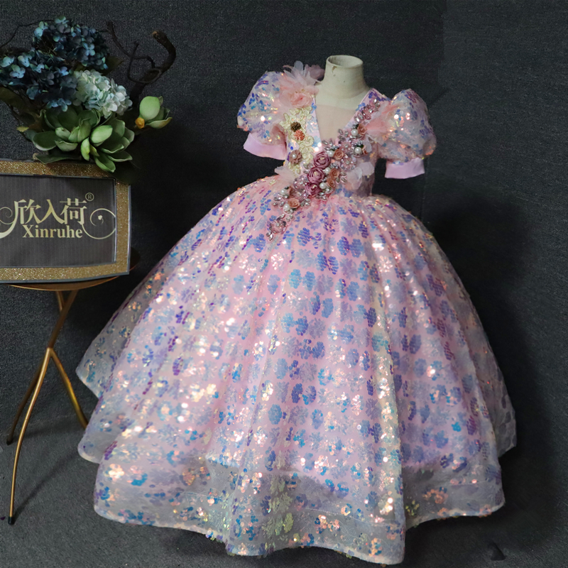 粉红色亮片女童演出服