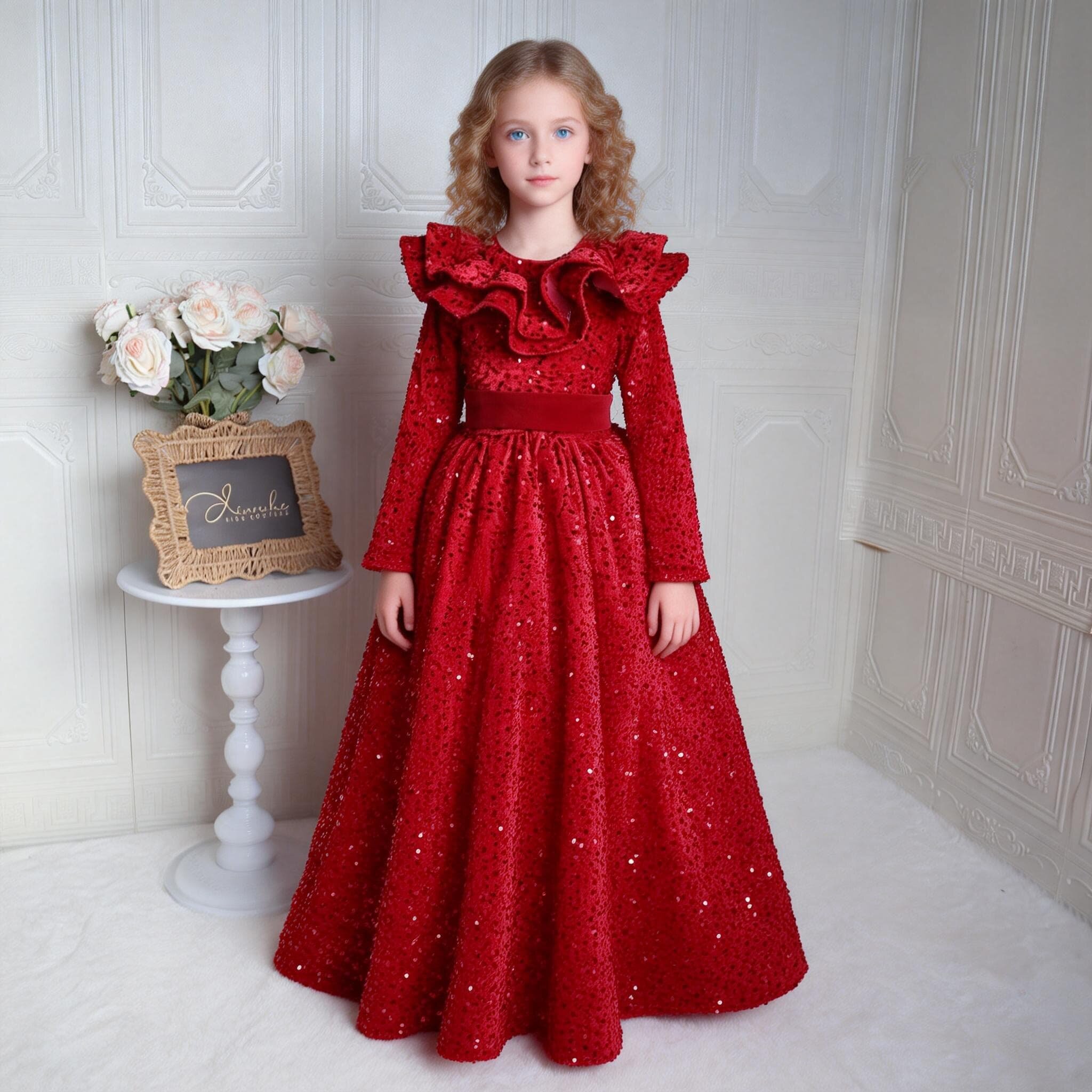 欣入荷女童红色亮片长袖公主裙
