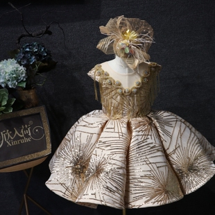 儿童礼服金色蓬裙演出服公主走秀主持快乐阳光元旦新年女童声乐