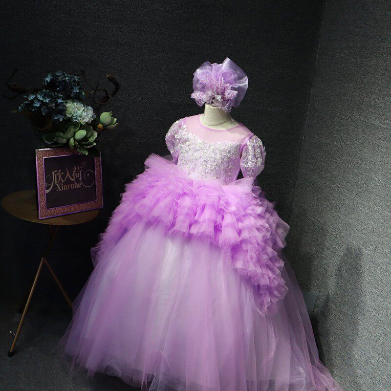 儿童礼服长款紫色仙仙女童高端走秀主持人模特t台秀舞台演出服