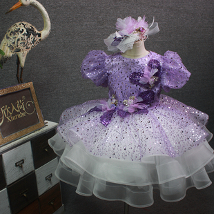 女童甜美紫色短款礼服蓬蓬裙公主裙主持独唱表演模特走秀演出服