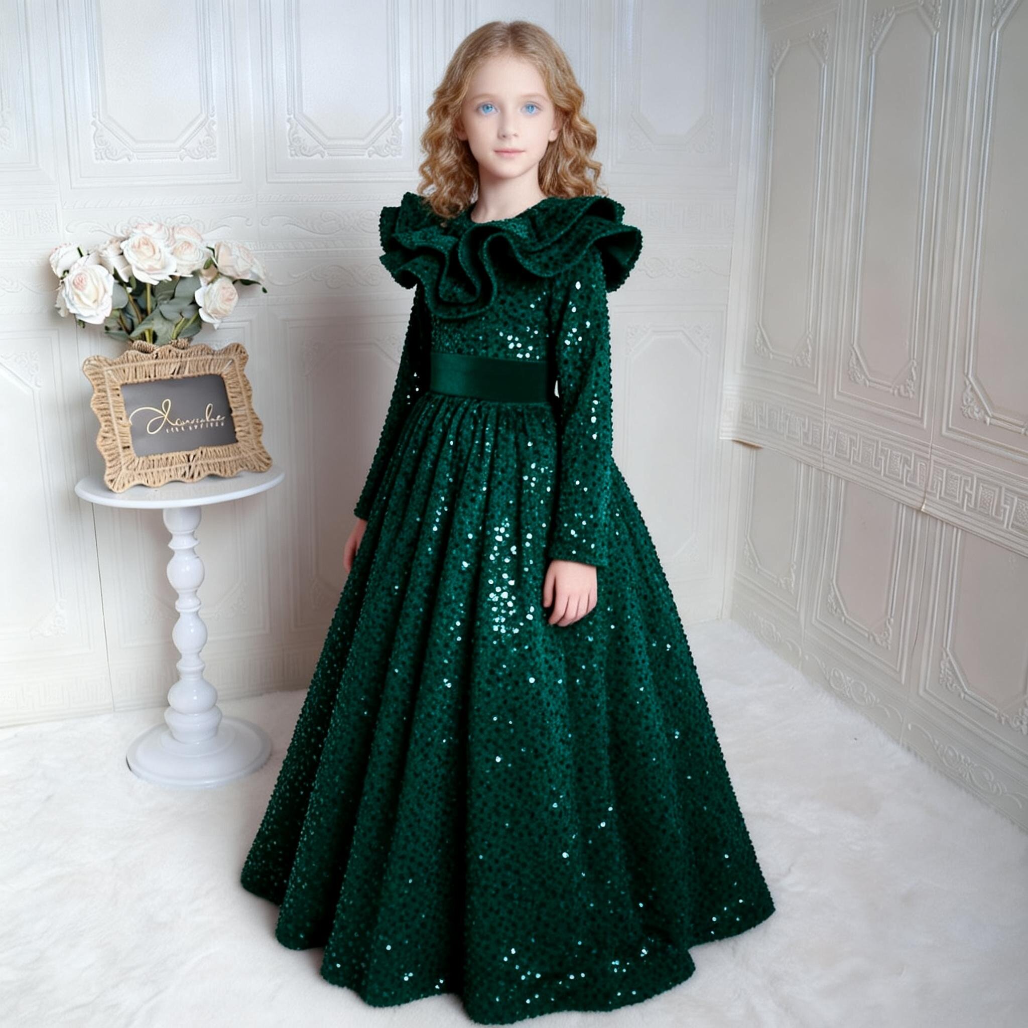 欣入荷墨绿亮片长袖连衣裙女童复古优雅风公主裙主持舞会年会礼服