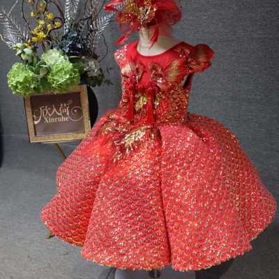 欣入荷红色中式儿童礼服