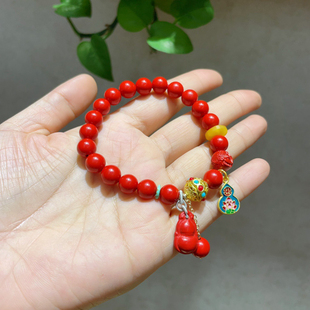 朱砂高含量红砂水飞手串单圈本命8毫米珠搭配药师珠蜜蜡福豆葫芦