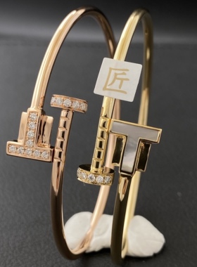 18K玫瑰金钉子手镯黄金白金窄版粗版细头尾钻满钻钉子双T线圈手镯