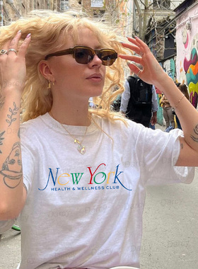 美式复古夏威夷度假沙滩海边短袖街头健身减压NY纽约彩色字母T恤