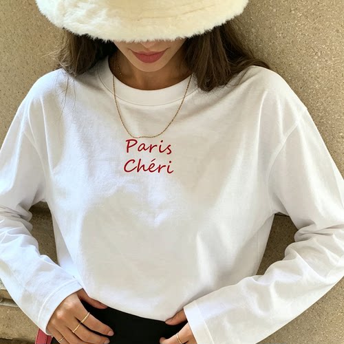 美式复古法语paris法式字母慵懒松弛感塞纳河高级感长袖打底秋T恤