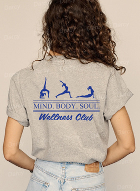 美式复古小众设计感字母体操瑜伽姿势健身减压字母ins学生减龄T恤