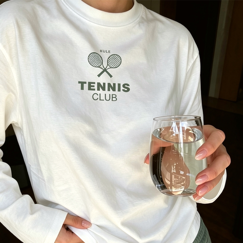美式复古网球俱乐部tennis字母老钱风健身运动长球温网打球秋T恤