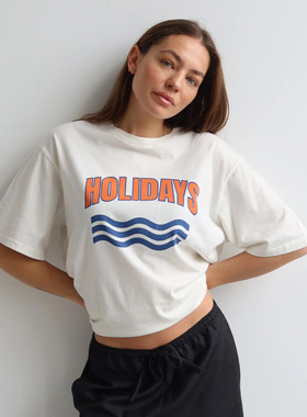 美式复古holidays字母度假慵懒风海边夏威夷海浪松弛感减龄insT恤
