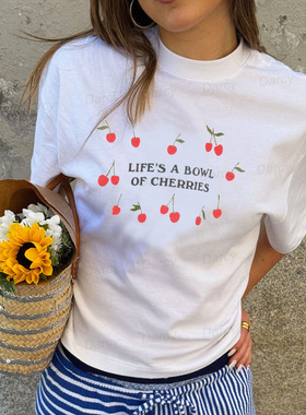 法风生活像樱桃cherries水果字母小众态度slogan减龄可爱少女T恤