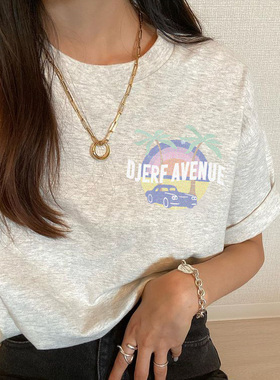 美式复古运动度假风椰树小标减龄青春校园学生短袖小众慵懒insT恤