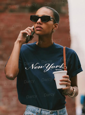 美式复古潮90年代戴安娜风优雅时髦NY纽约字母宽松短袖圆领insT恤