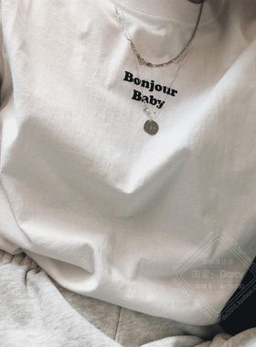 ins小标法语bonjour简约字母短袖极简宽松显瘦欧美街头bf情侣T恤