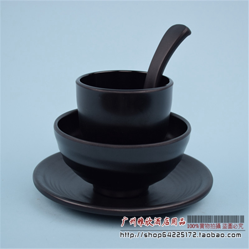 黑色磨砂仿瓷摆台4件套碗杯勺碟子火锅酒店特色餐厅日韩密胺餐具