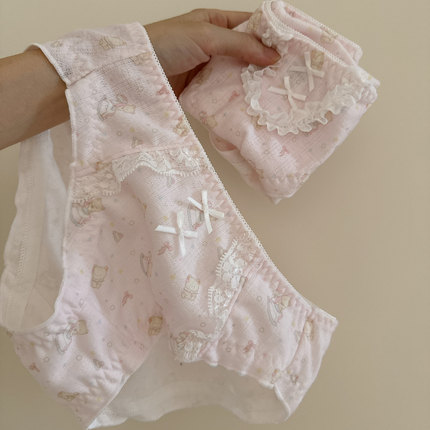 木马小熊/甜美粉色卡通少女可爱蕾丝边内裤纯棉裆中腰学生三角裤