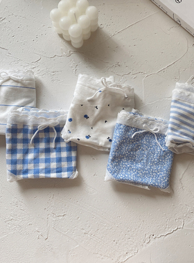 夏季星空蓝~5条碎花格子条纹小清新蓝色系中腰三角裤蝴蝶结棉内裤