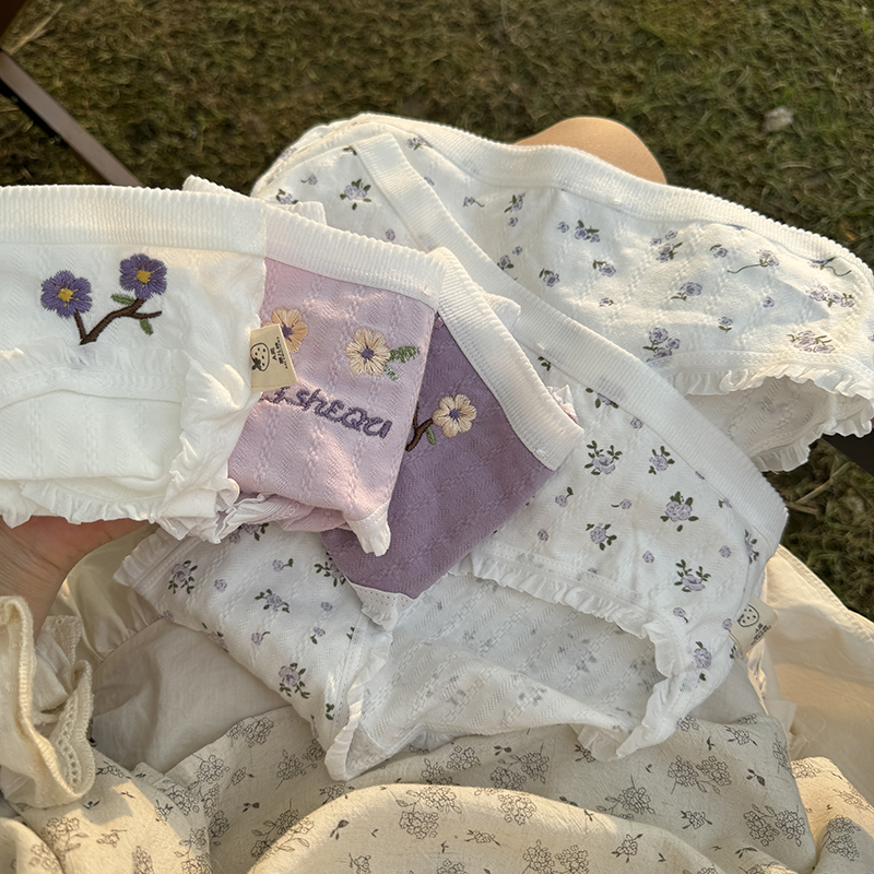 莫奈的紫色/森系刺绣小花朵田园风A类婴儿棉透气女士内裤学生底裤