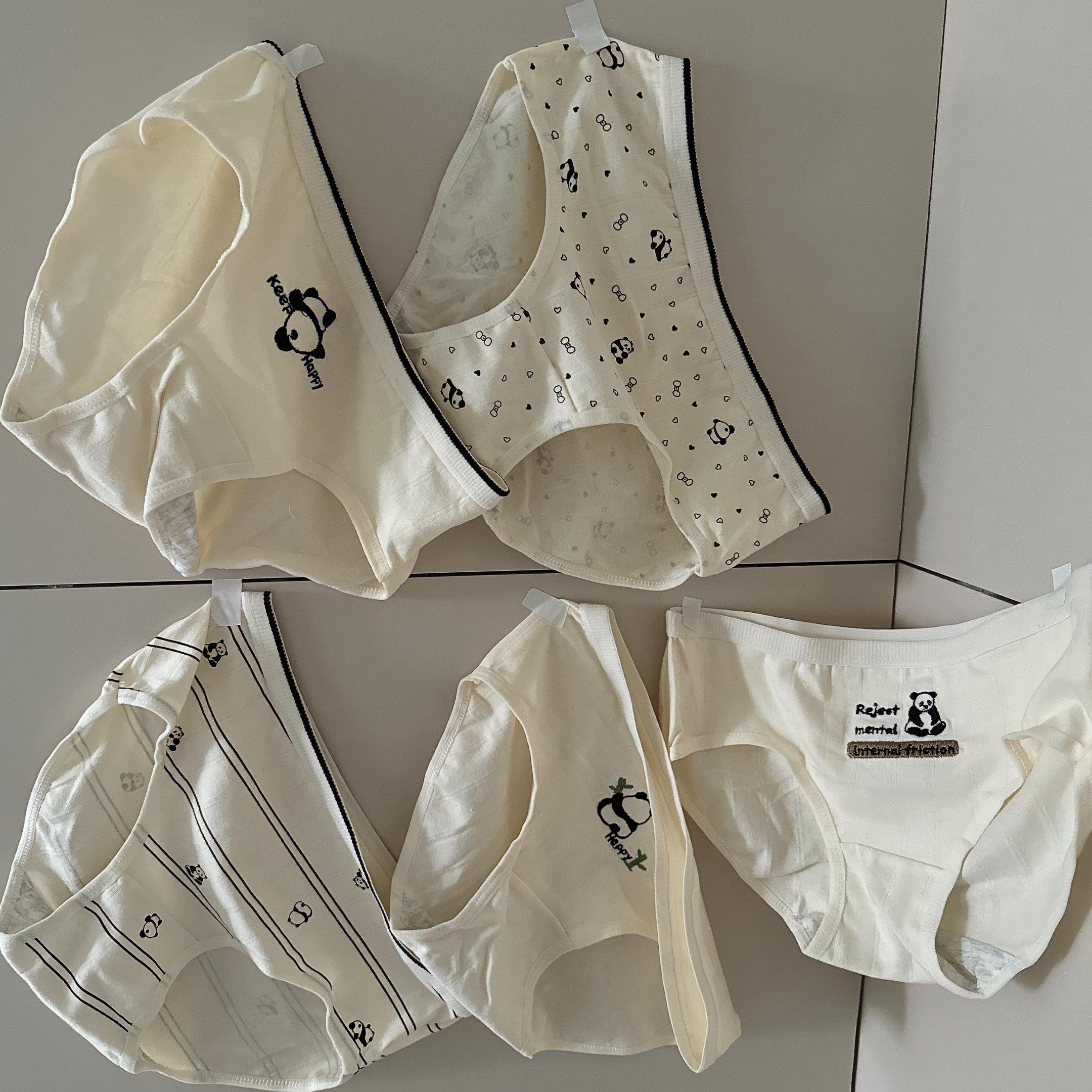 糯米团子好可爱~5条装学生平价内裤杏色系刺绣小熊猫无痕三角裤女