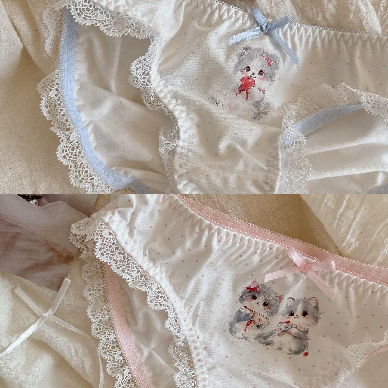 小猫下午茶~奶蓝全棉波点猫咪蕾丝边洛丽塔日系可爱少女三角内裤