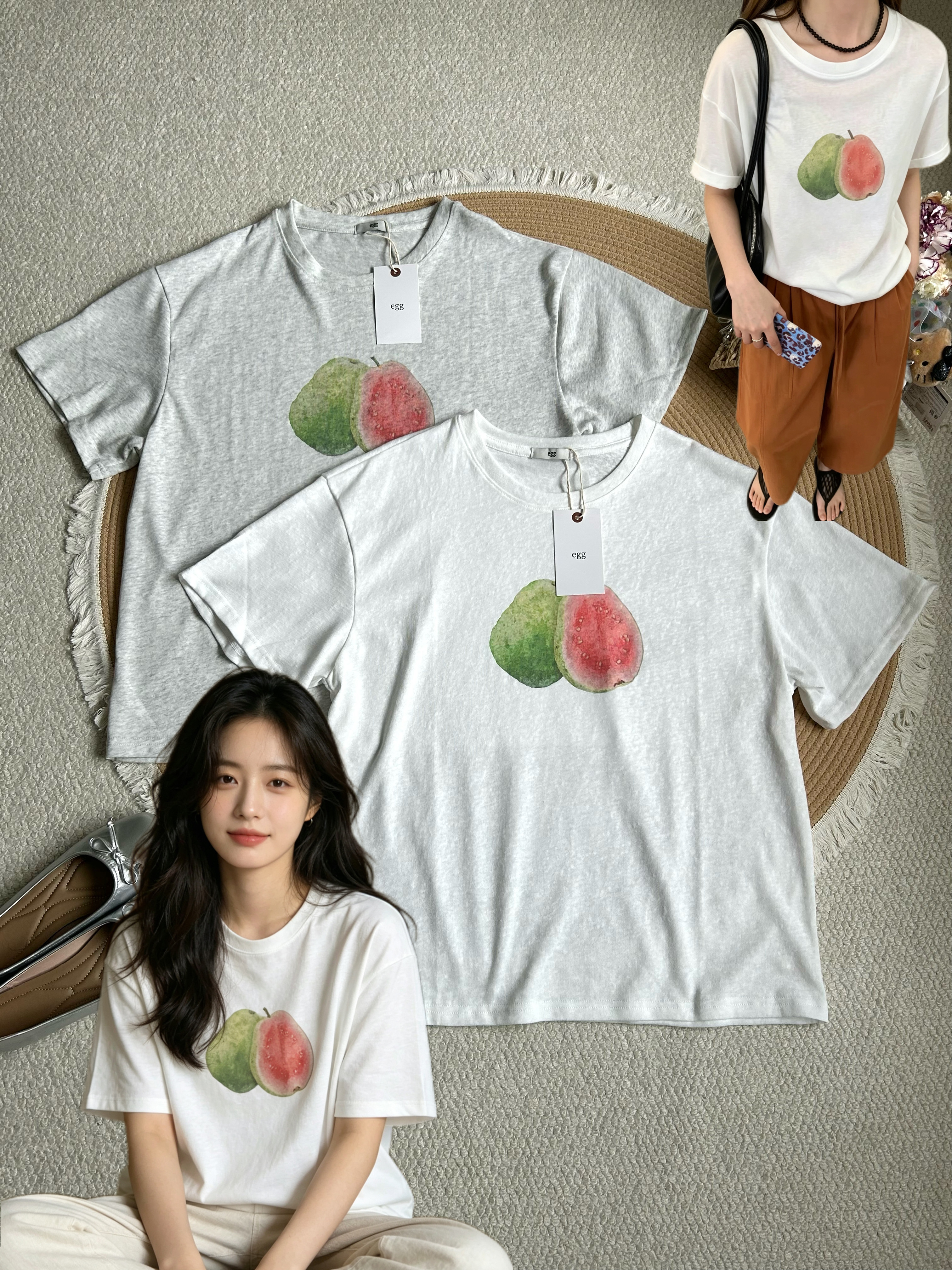 捡漏韩eg*原～水彩芭乐印花短袖透气棉宽松休闲圆领T恤女夏季百搭