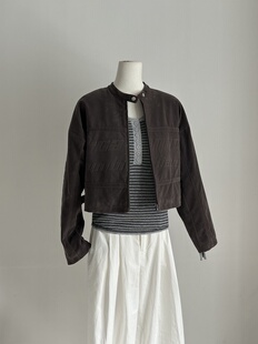 捡漏!复古做旧擦色麂皮绒夹棉外套小众机车风字母压印夹克短上衣