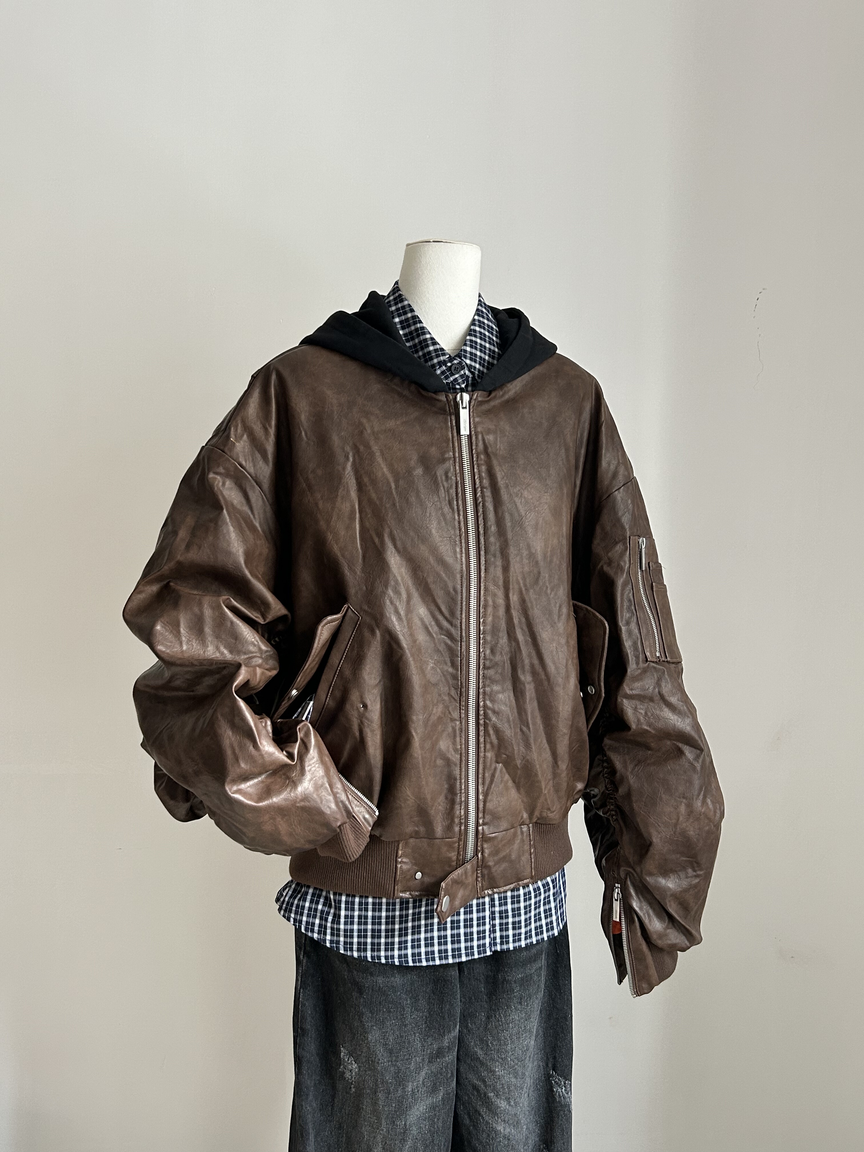 捡漏！美式复古做旧PU皮衣飞行夹克棉服男女冬季加厚连帽廓形外套