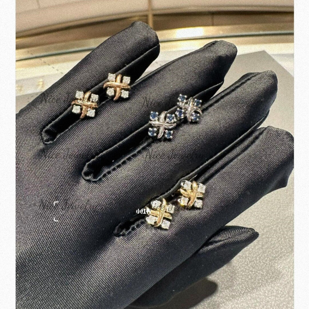 纯银交叉耳钉 女字母X 18K黄金镶钻耳环十字架个性小众设计耳饰