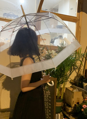 韩系ins风透明雨伞长柄自动情侣网红雨伞接边加固防风女弯钩雨伞