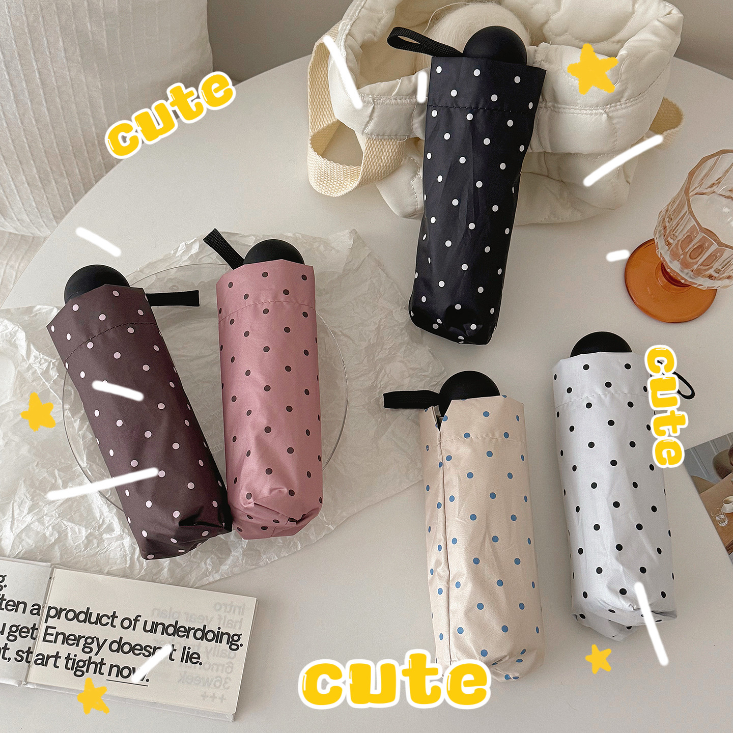 韩系小波点便携折叠雨伞小清新晴雨两用胶囊太阳伞女黑胶遮阳伞