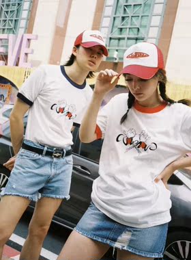 2025新款上衣女装欧货拼色领卡通图案印花T恤打底衫女