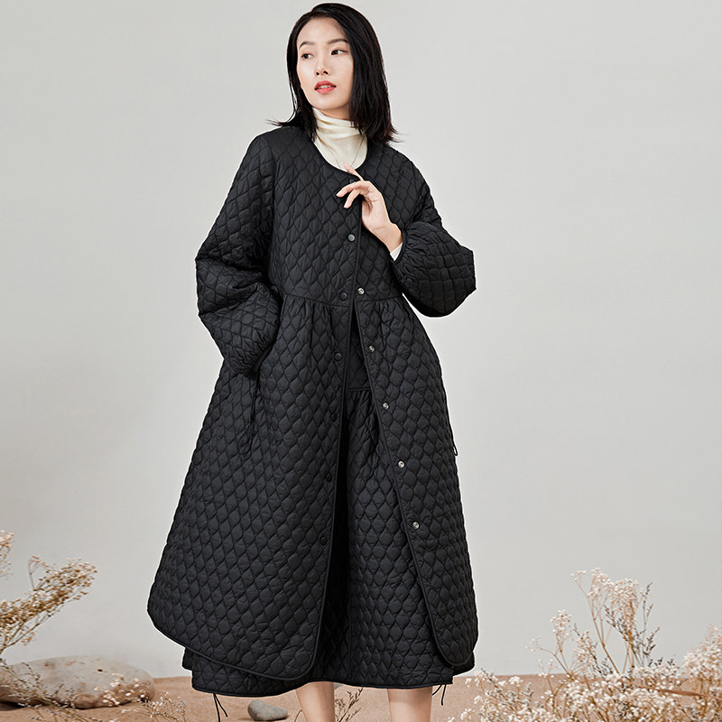 2023新款薄棉服春秋装中长款菱格纹外套宽松休闲气质春装女长款