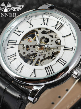 T-WINNER胜利者机械手表  白色手表镂空罗马数字刻度手动机械表