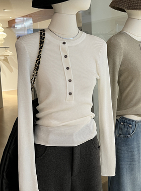 高智感亨利领针织打底衫女羊毛修身显瘦内搭外穿法式气质简约上衣