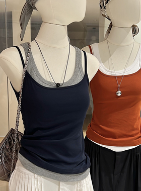 撞色假两件背心带胸垫女夏外穿修身叠穿美式甜辣拼接无袖吊带上衣