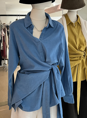 蓝色灯芯绒衬衫女秋设计感不规则绑带收腰宽松长袖复古超好看上衣