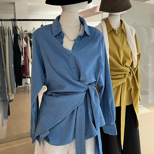 灯芯绒衬衫不规则绑带收腰设计感