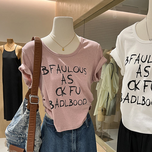 圆领修身小件t恤女字母短款褶皱