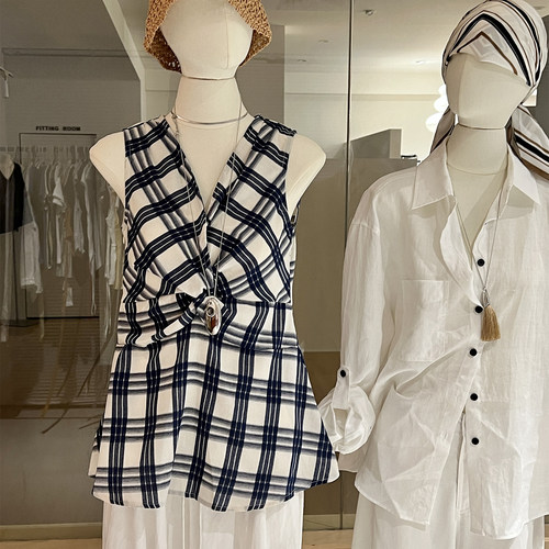 格纹扭结无袖背心收腰修身复古风