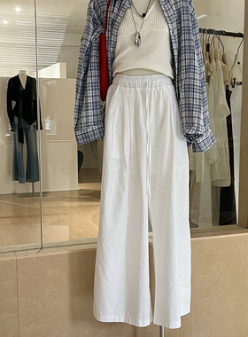 白色棉麻阔腿裤女夏季薄款高腰垂感裤子宽松显瘦松紧腰松弛感长裤