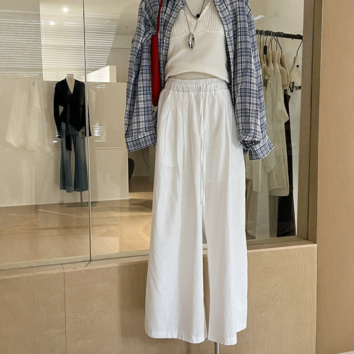 白色棉麻阔腿裤慵懒风松紧腰长裤